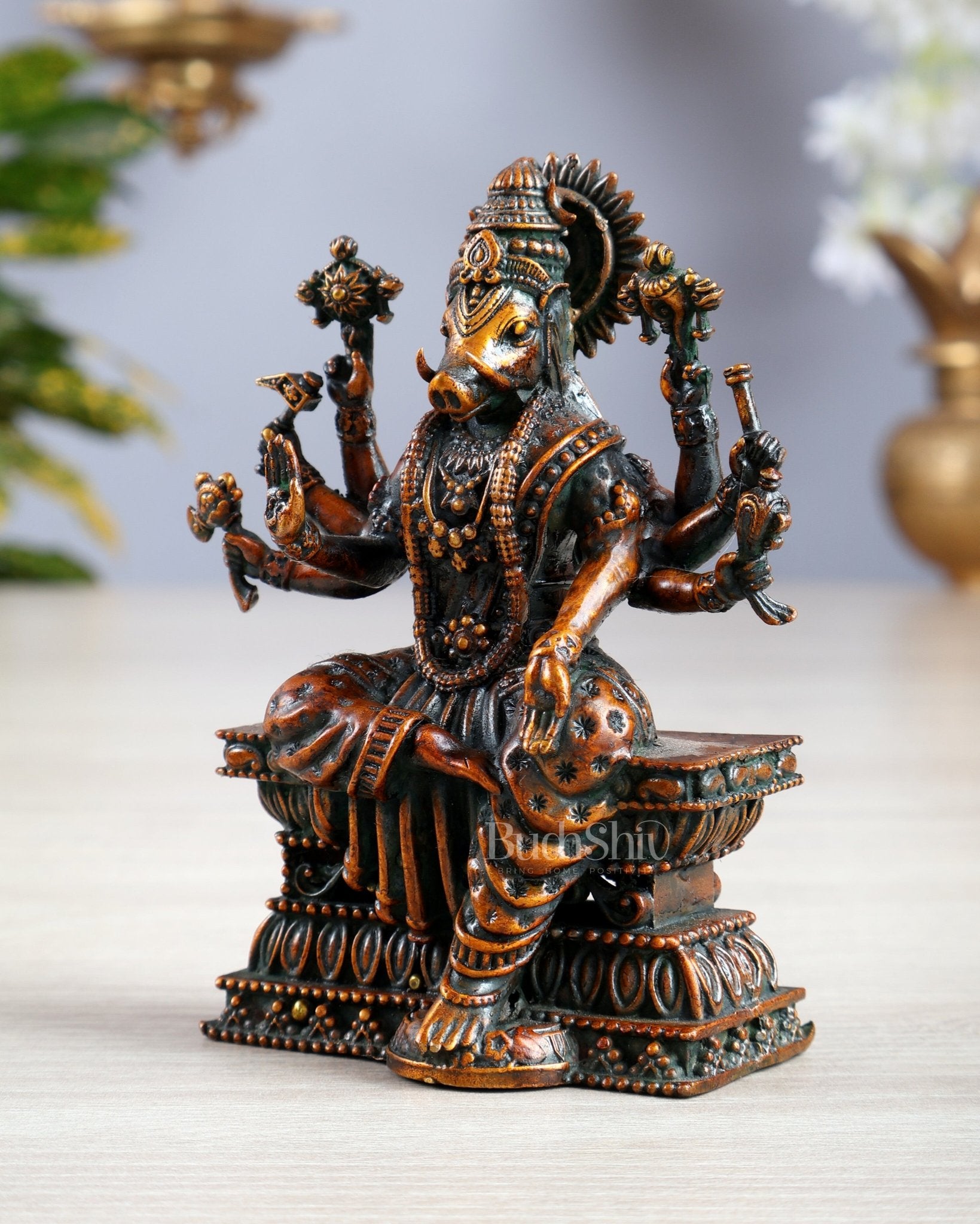 Intricate Hollow - Cast Goddess Varahi Superfine Brass Idol – 4" Tall chola brown tone - Budhshiv.com