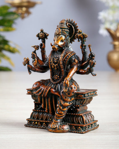 Intricate Hollow - Cast Goddess Varahi Superfine Brass Idol – 4" Tall chola brown tone - Budhshiv.com