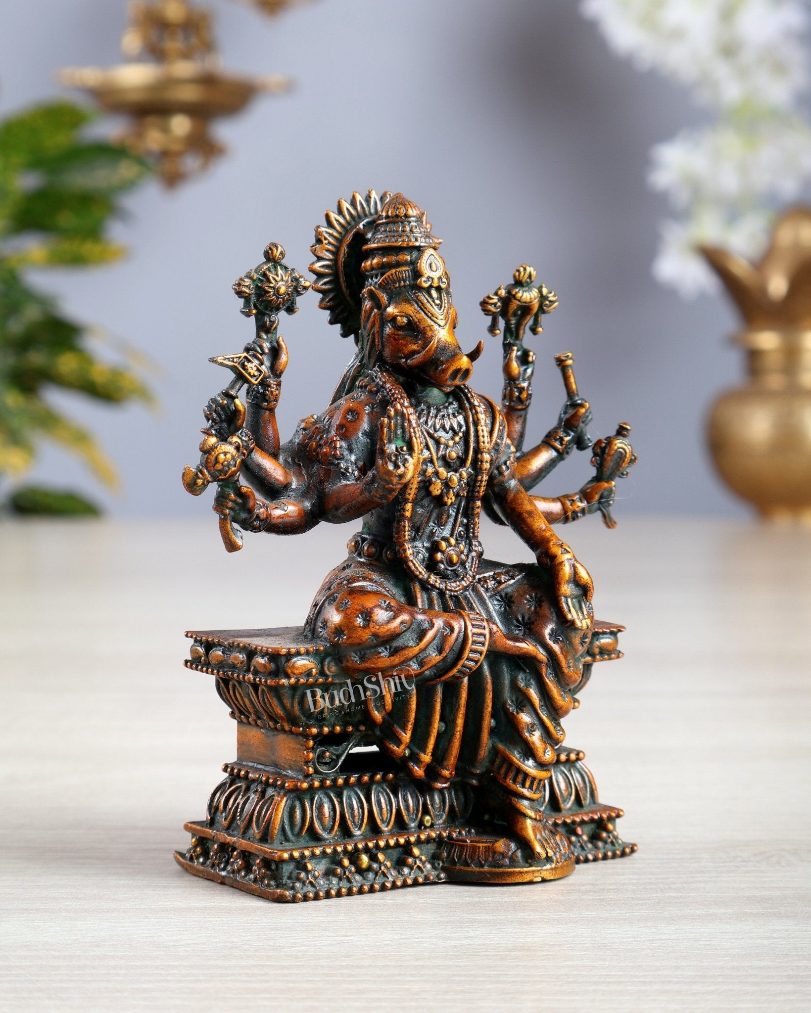 Intricate Hollow - Cast Goddess Varahi Superfine Brass Idol – 4" Tall chola brown tone - Budhshiv.com