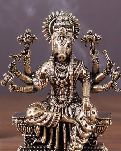 Intricate Hollow - Cast Goddess Varahi Superfine Brass Idol – 4" Tall - Budhshiv.com