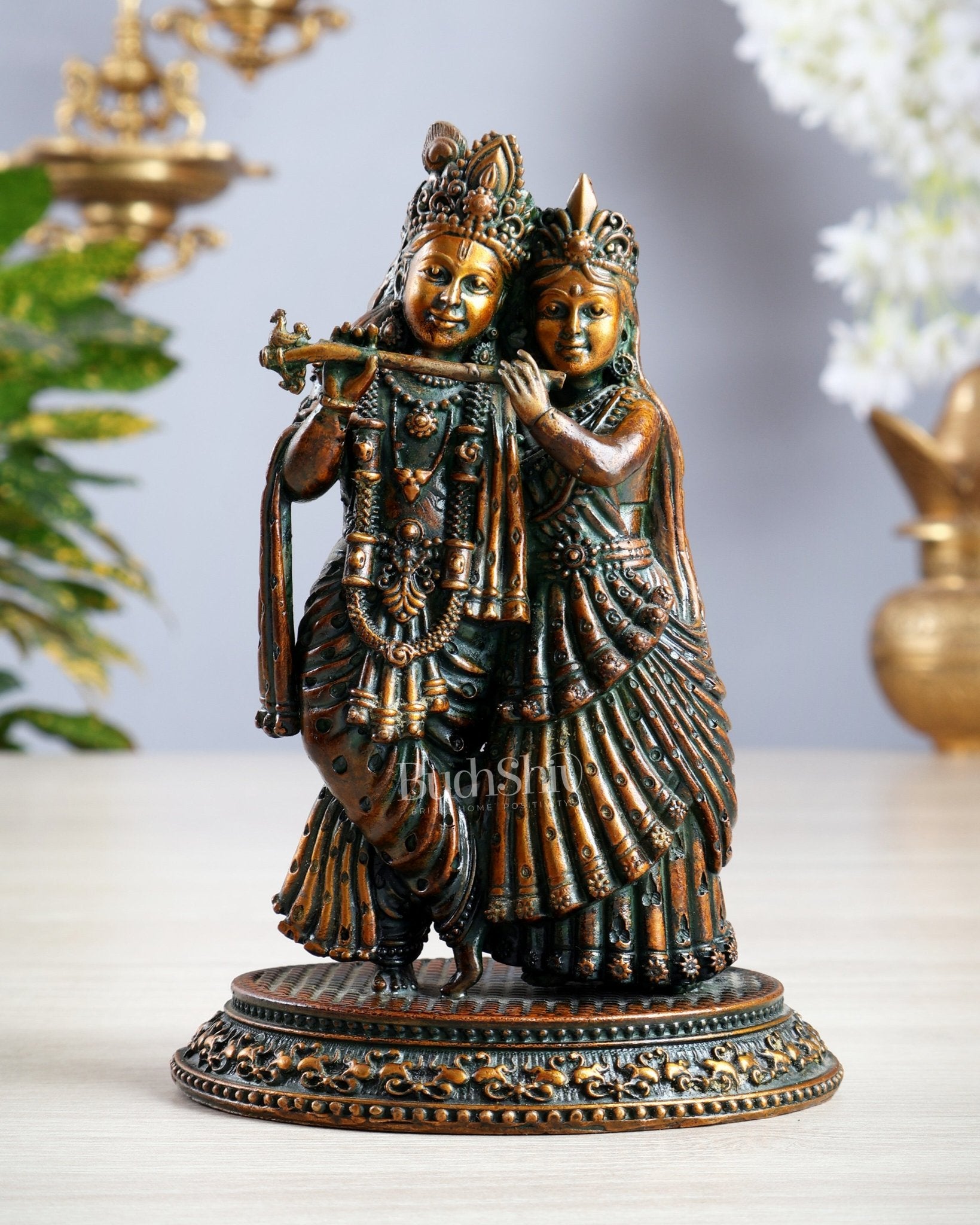 Intricate Lightweight Brass Radha Krishna Idol - 5" chola brown tone - Budhshiv.com