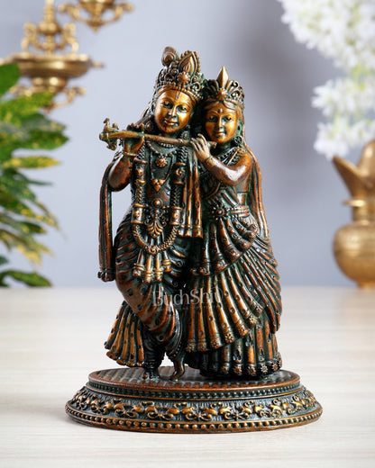 Intricate Lightweight Brass Radha Krishna Idol - 5" chola brown tone - Budhshiv.com