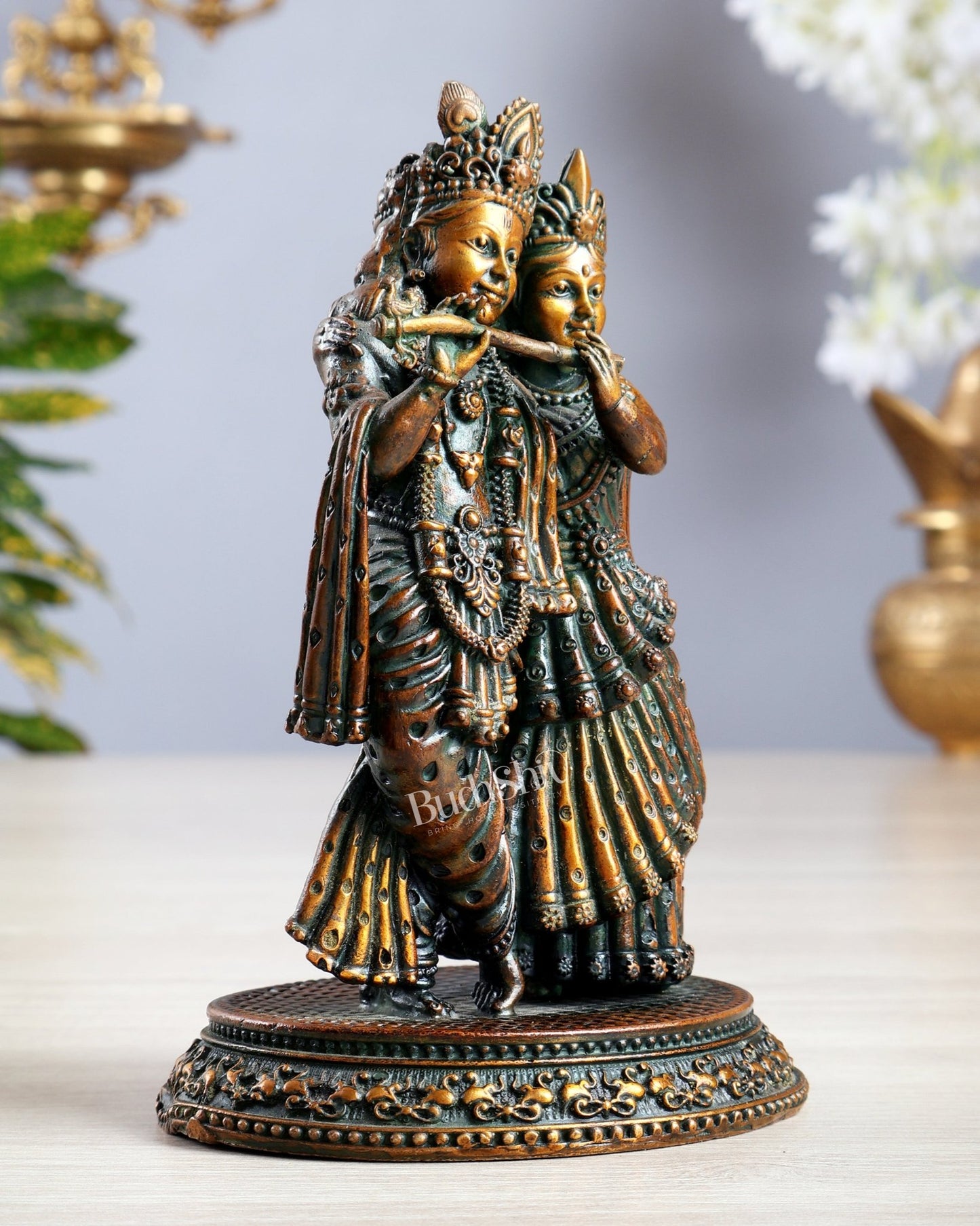 Intricate Lightweight Brass Radha Krishna Idol - 5" chola brown tone - Budhshiv.com