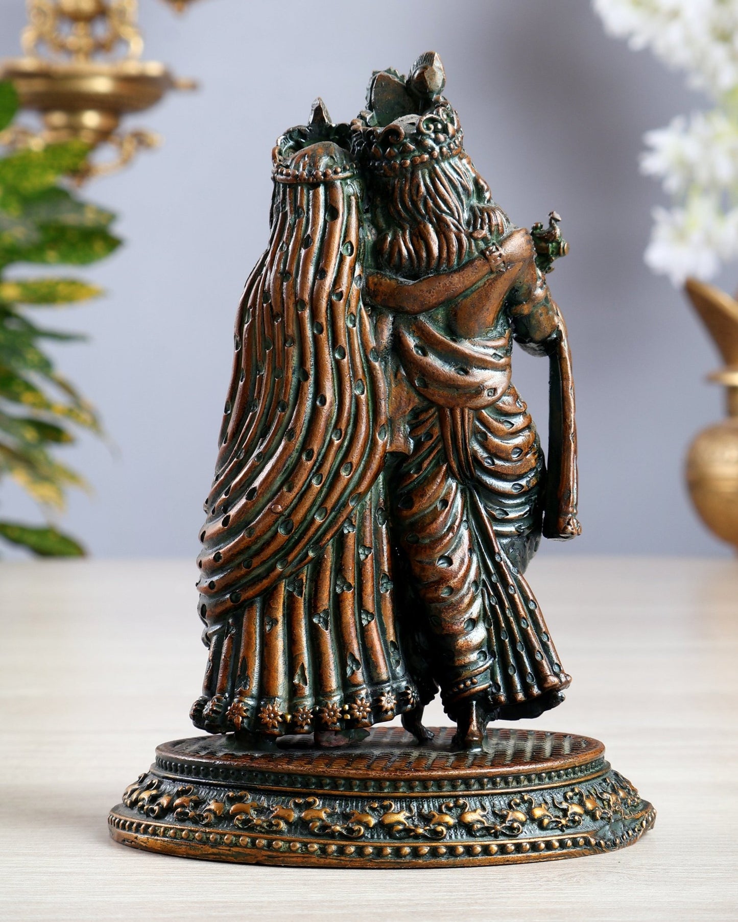 Intricate Lightweight Brass Radha Krishna Idol - 5" chola brown tone - Budhshiv.com