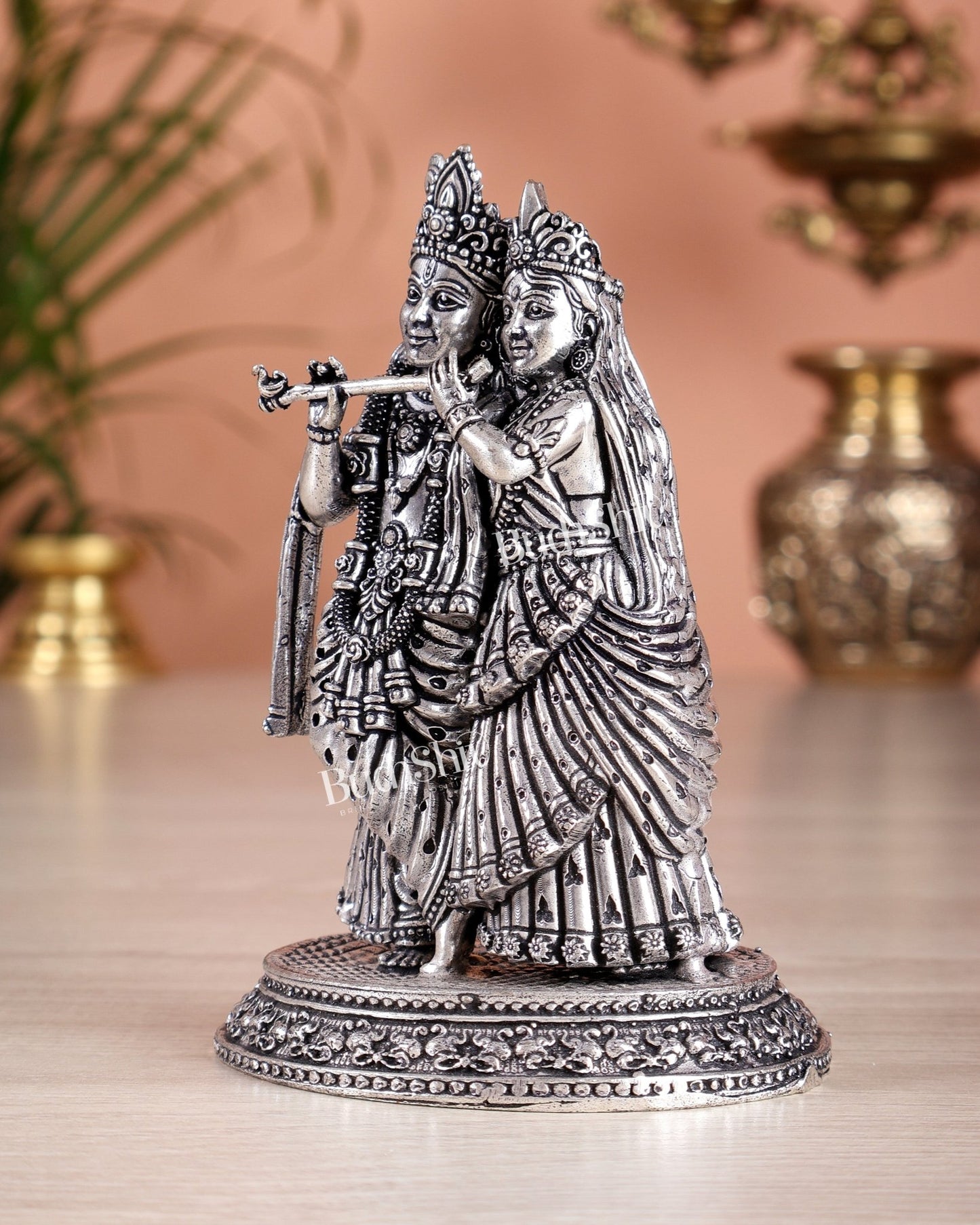 Intricate Lightweight Brass Radha Krishna Idol - 6" silver plated - Budhshiv.com