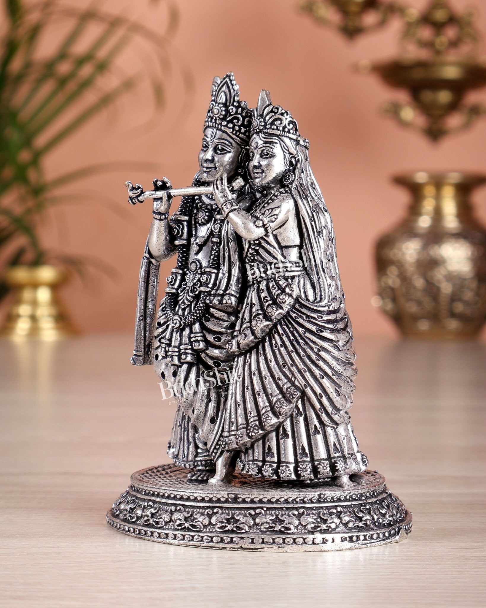 Intricate Lightweight Brass Radha Krishna Idol - 6" silver plated - Budhshiv.com
