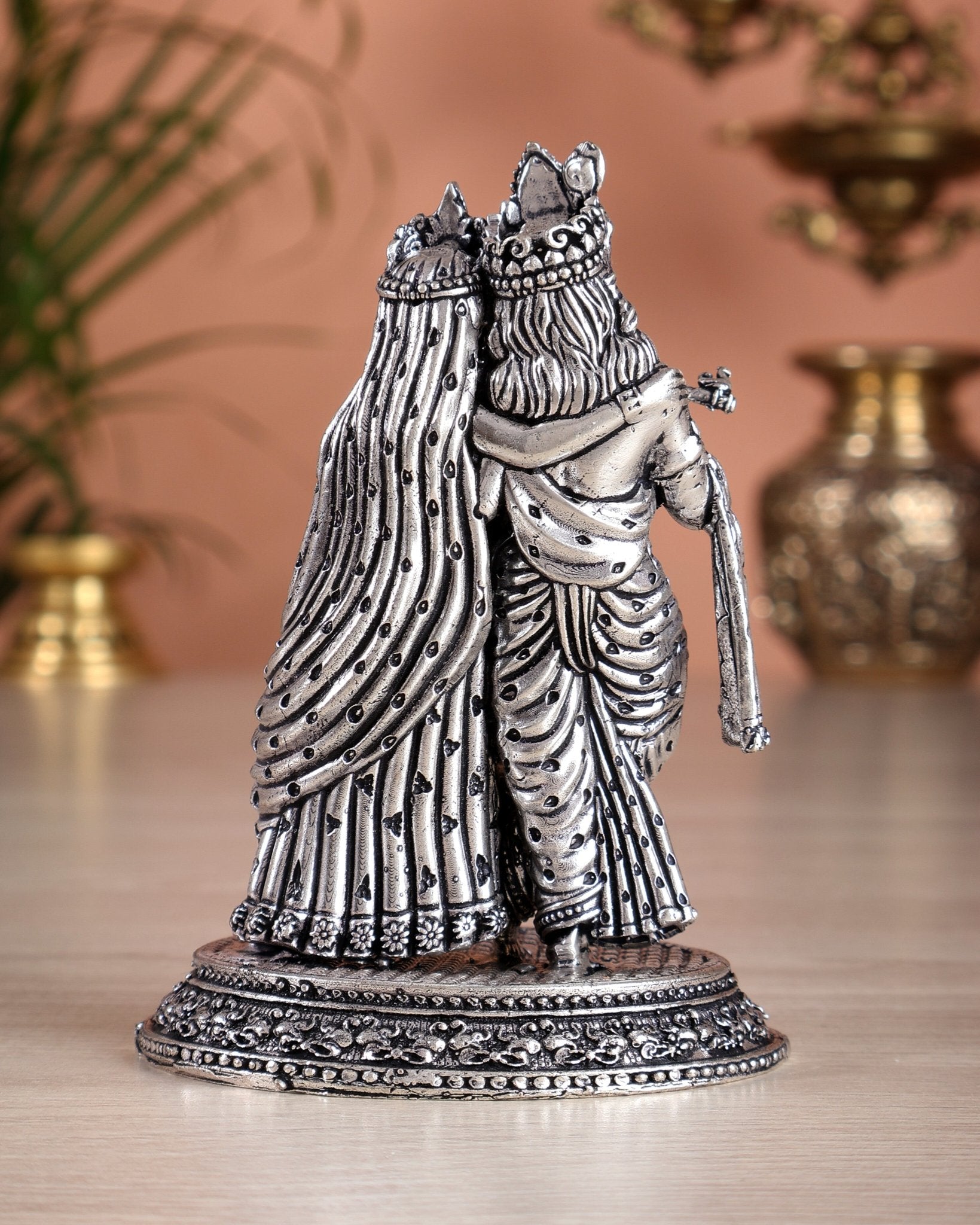 Intricate Lightweight Brass Radha Krishna Idol - 6" silver plated - Budhshiv.com