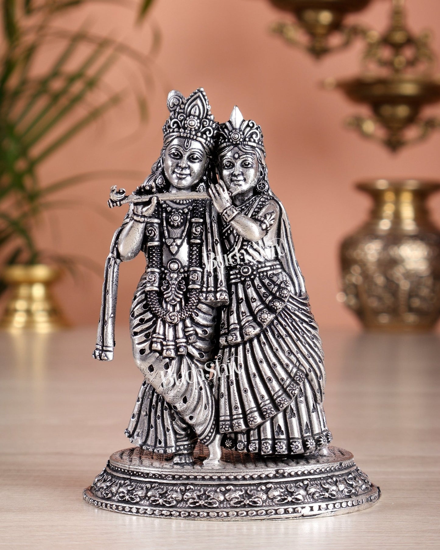 Intricate Lightweight Brass Radha Krishna Idol - 6" silver plated - Budhshiv.com