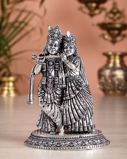 Intricate Lightweight Brass Radha Krishna Idol - 6" silver plated - Budhshiv.com