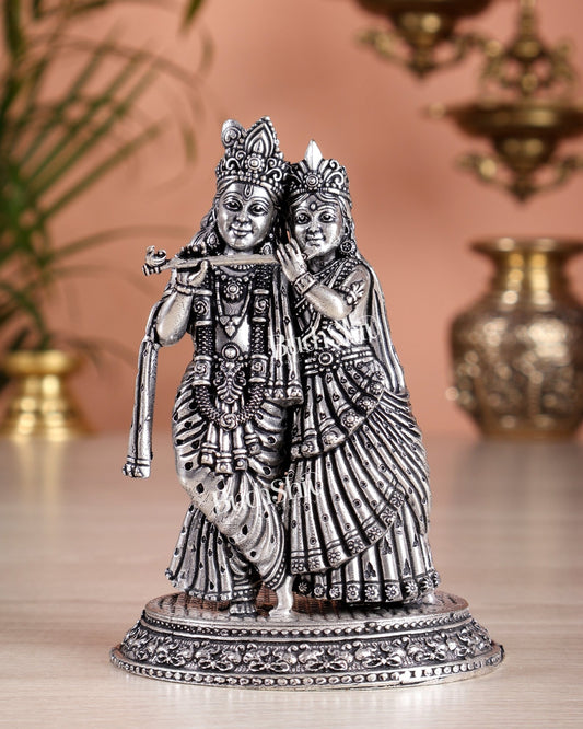 Intricate Lightweight Brass Radha Krishna Idol - 6" silver plated - Budhshiv.com