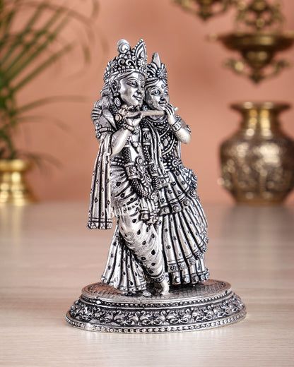 Intricate Lightweight Brass Radha Krishna Idol - 6" silver plated - Budhshiv.com