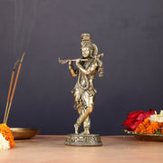 Intricate Pure Brass Lord Krishna Statue - 6.5" - Budhshiv.com