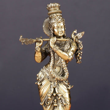 Intricate Pure Brass Lord Krishna Statue - 6.5" - Budhshiv.com