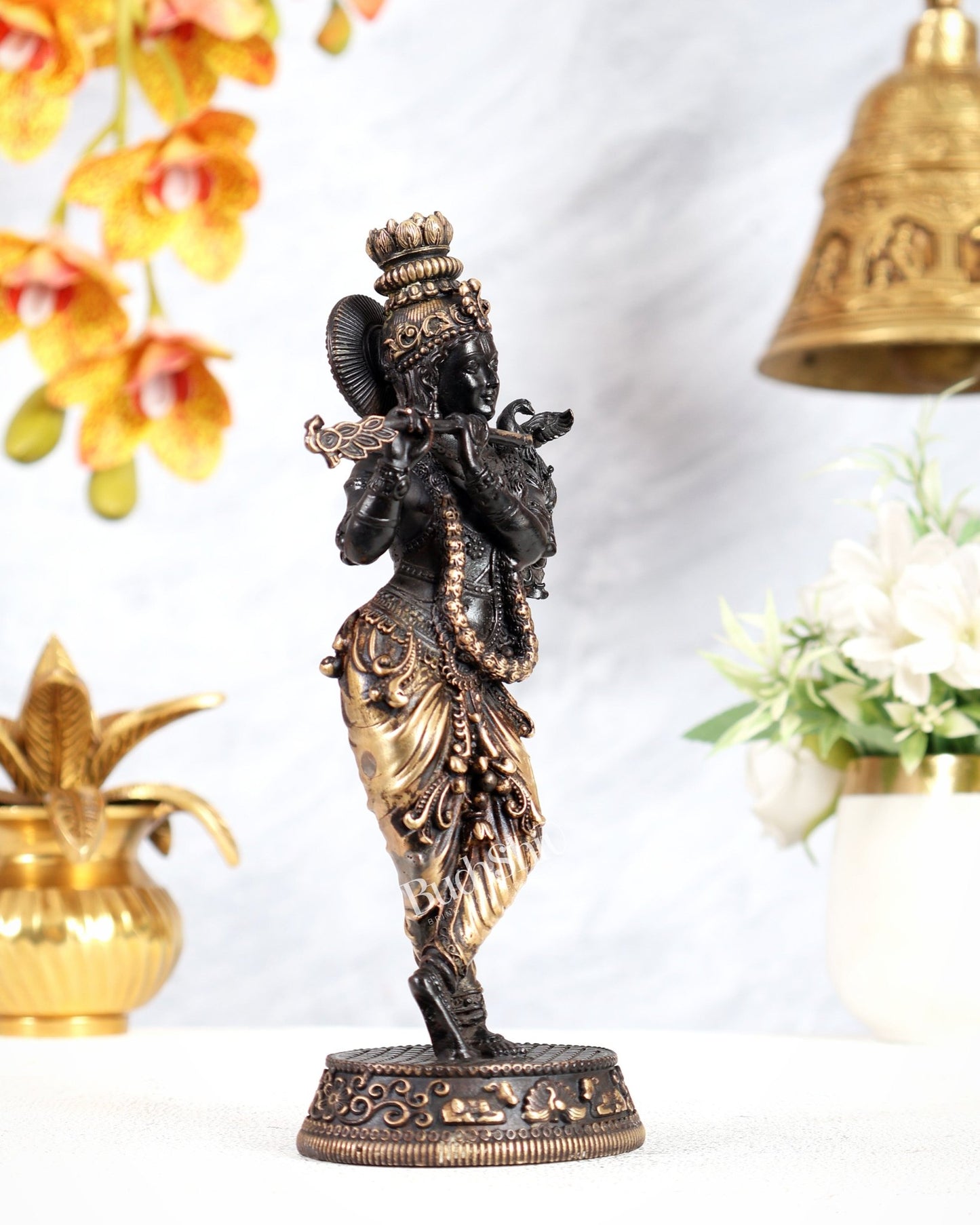 Intricate Pure Brass Lord Krishna Statue - 7.5" black tone - Budhshiv.com