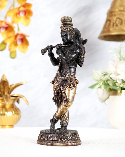 Intricate Pure Brass Lord Krishna Statue - 7.5" black tone - Budhshiv.com