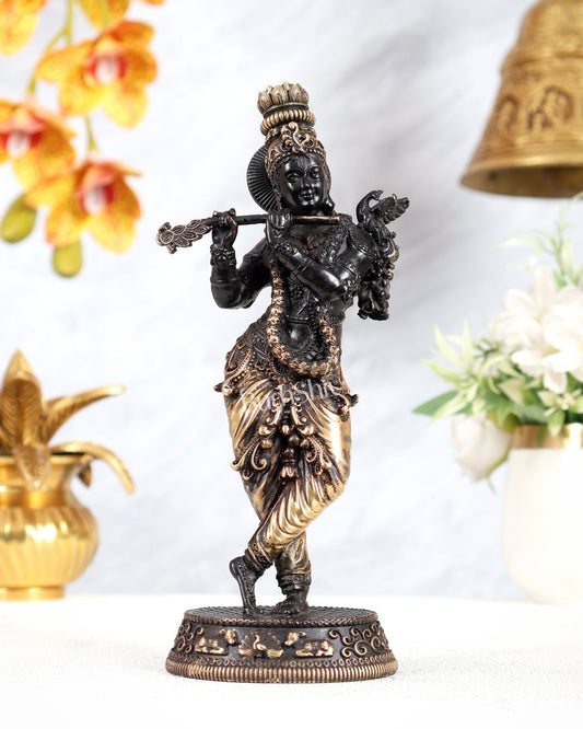 Intricate Pure Brass Lord Krishna Statue - 7.5" black tone - Budhshiv.com