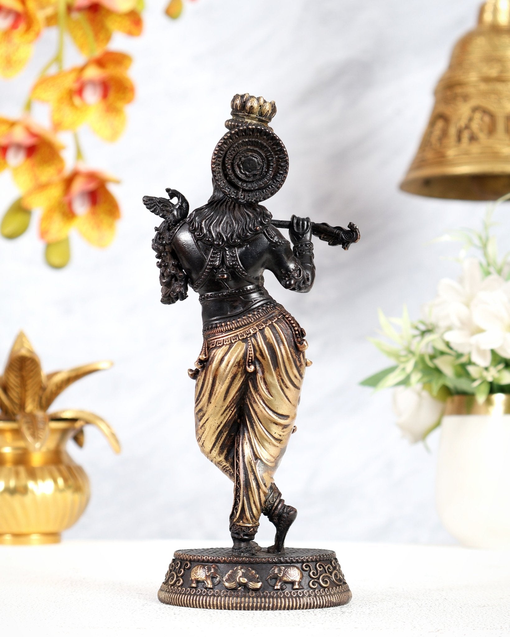 Intricate Pure Brass Lord Krishna Statue - 7.5" black tone - Budhshiv.com
