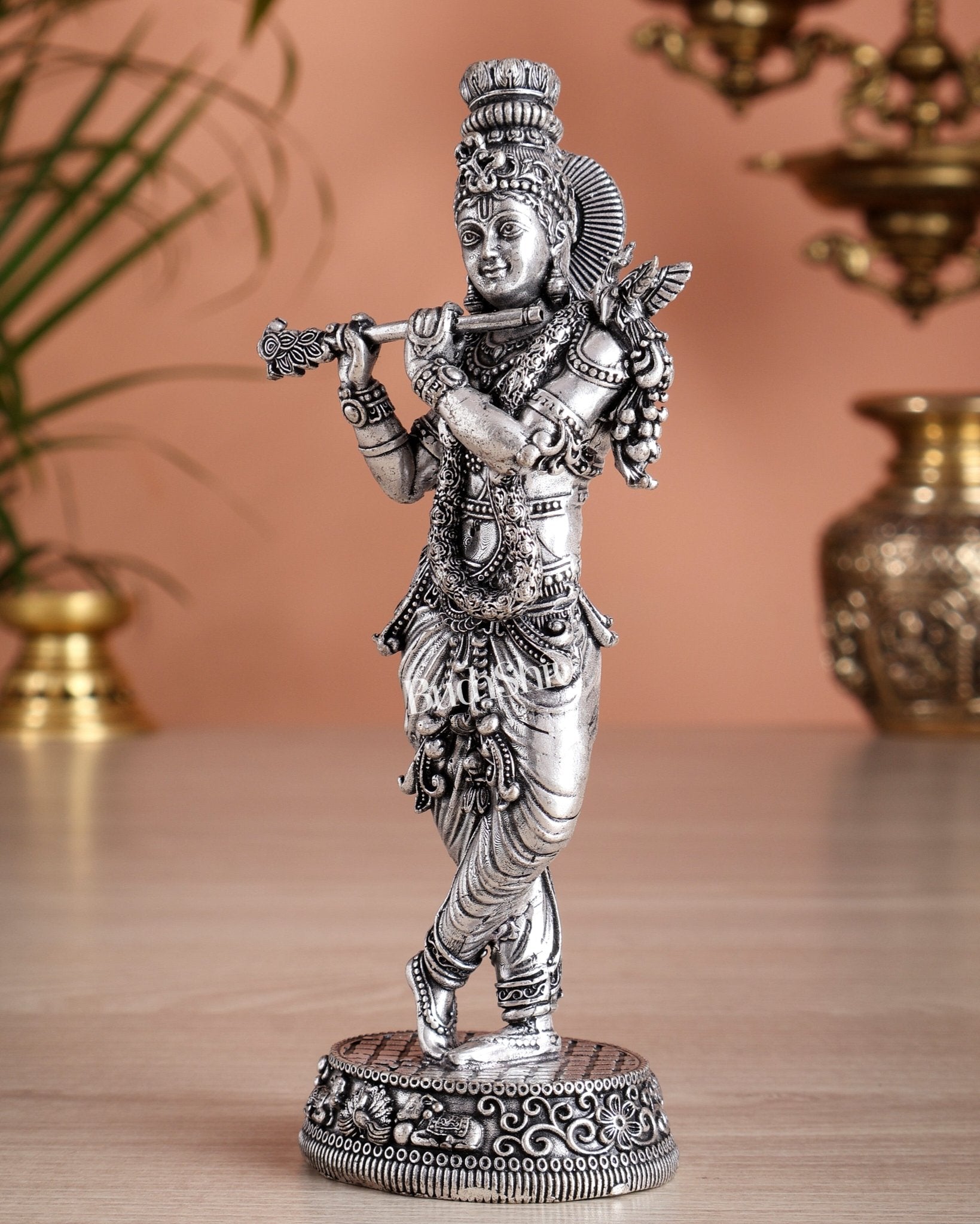 Intricate Pure Brass Lord Krishna Statue - 7.5" silver plated - Budhshiv.com