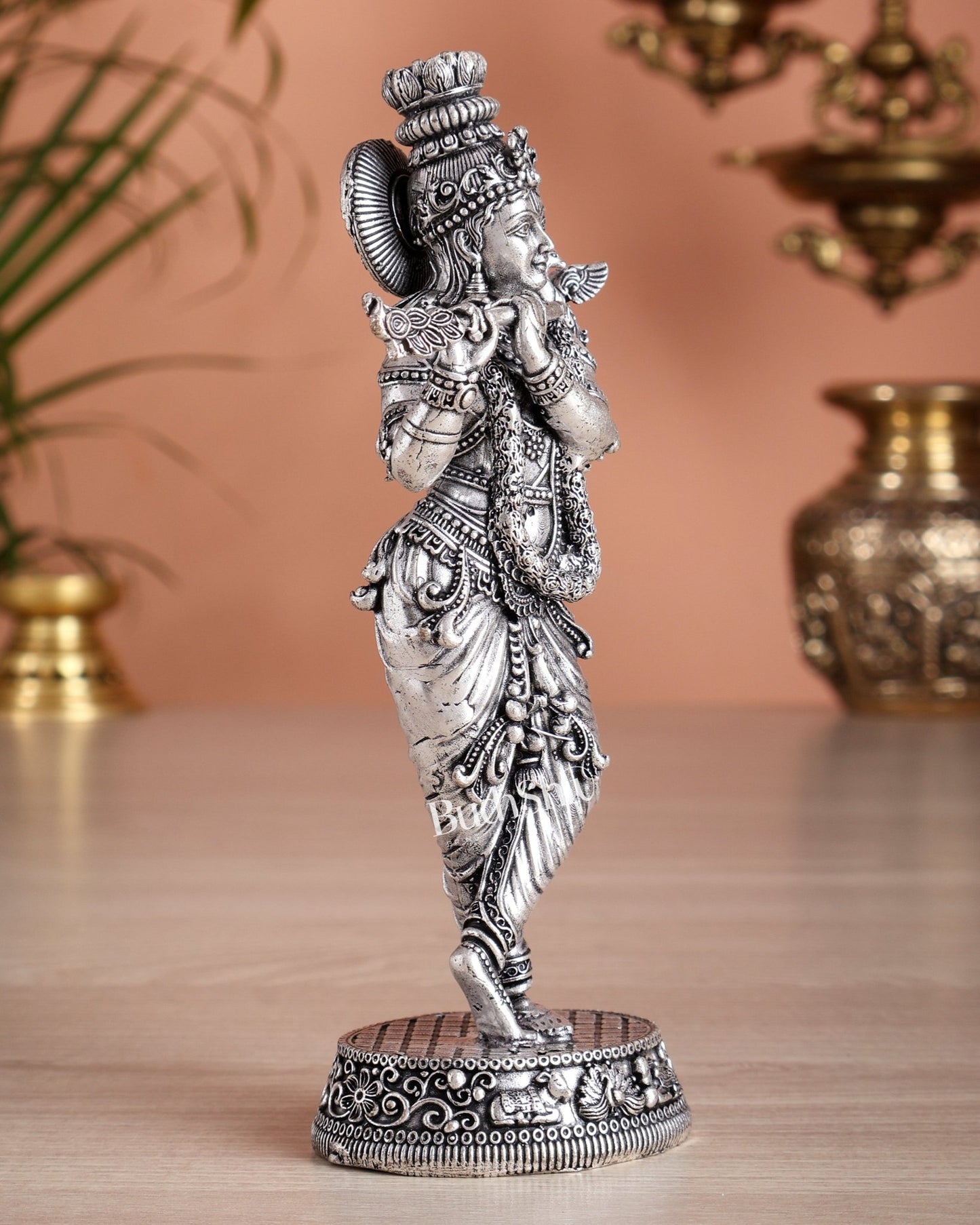 Intricate Pure Brass Lord Krishna Statue - 7.5" silver plated - Budhshiv.com