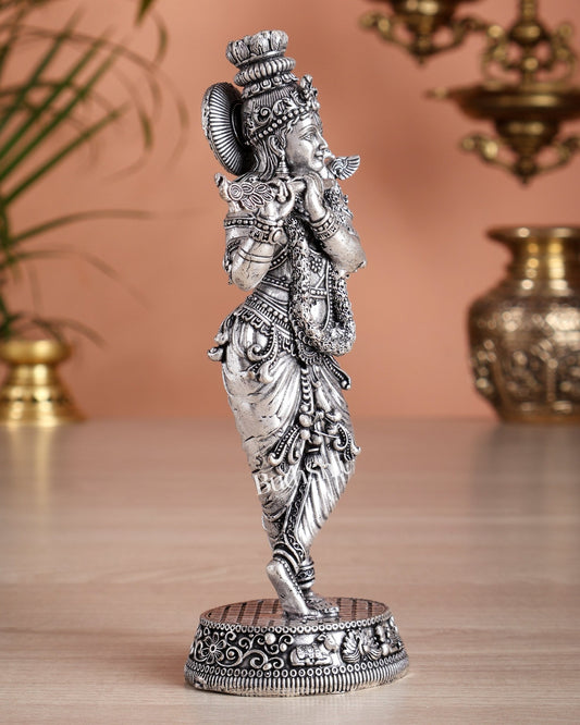 Intricate Pure Brass Lord Krishna Statue - 7.5" silver plated - Budhshiv.com