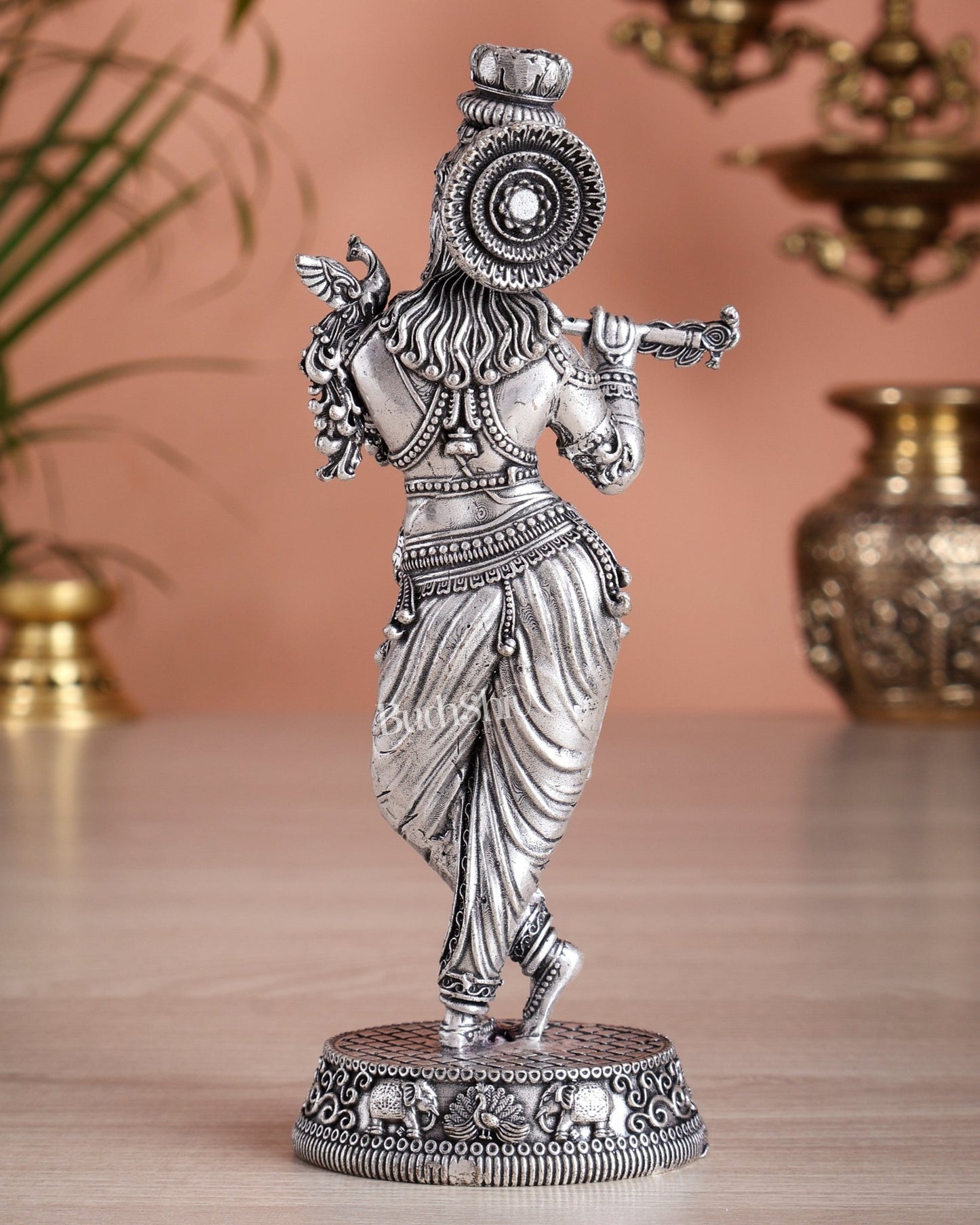 Intricate Pure Brass Lord Krishna Statue - 7.5" silver plated - Budhshiv.com