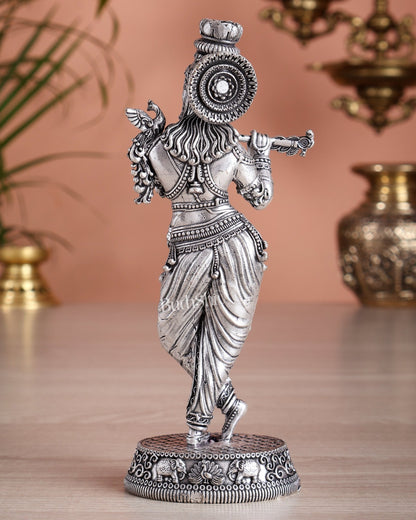 Intricate Pure Brass Lord Krishna Statue - 7.5" silver plated - Budhshiv.com