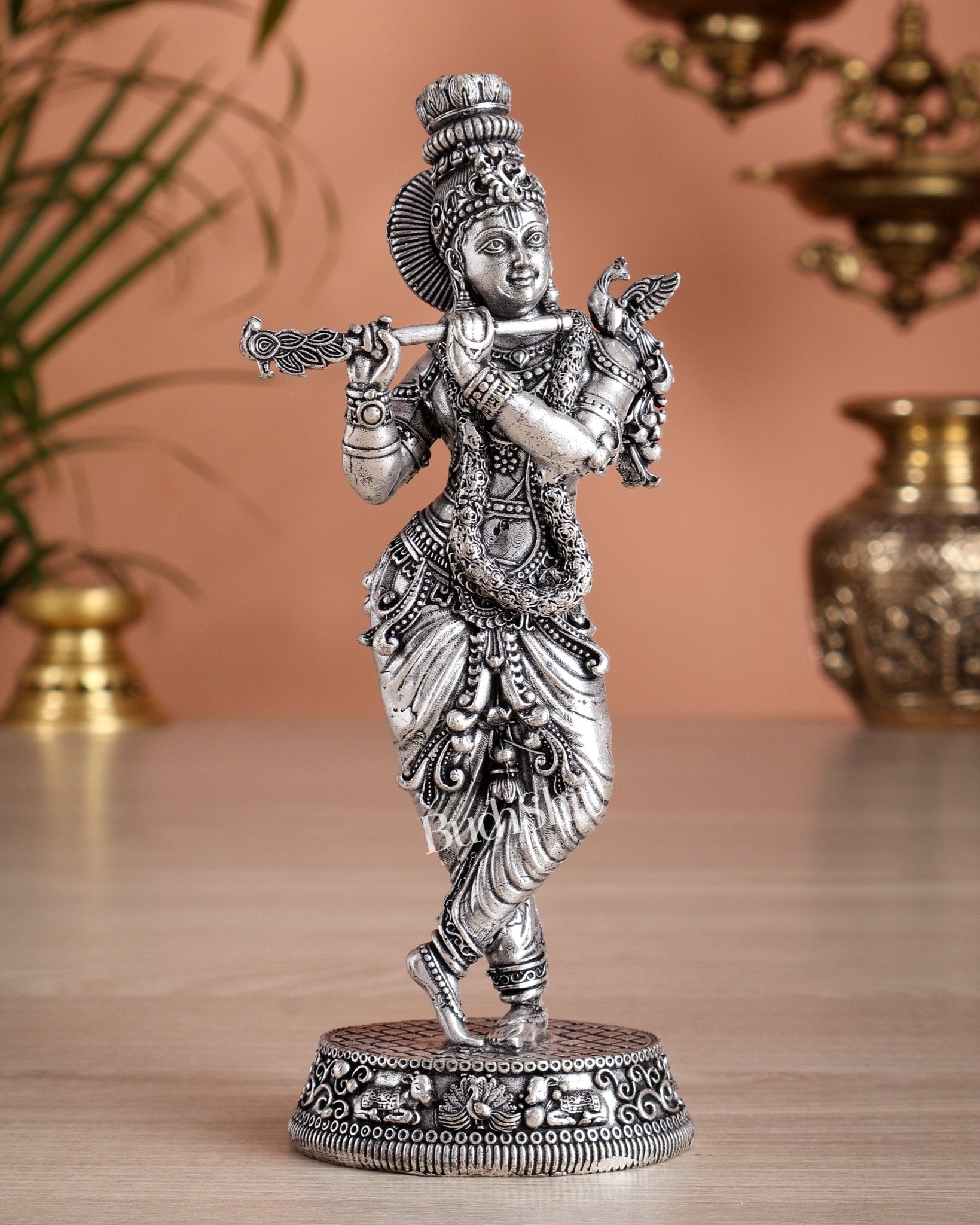 Intricate Pure Brass Lord Krishna Statue - 7.5" silver plated - Budhshiv.com