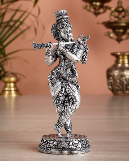 Intricate Pure Brass Lord Krishna Statue - 7.5" silver plated - Budhshiv.com