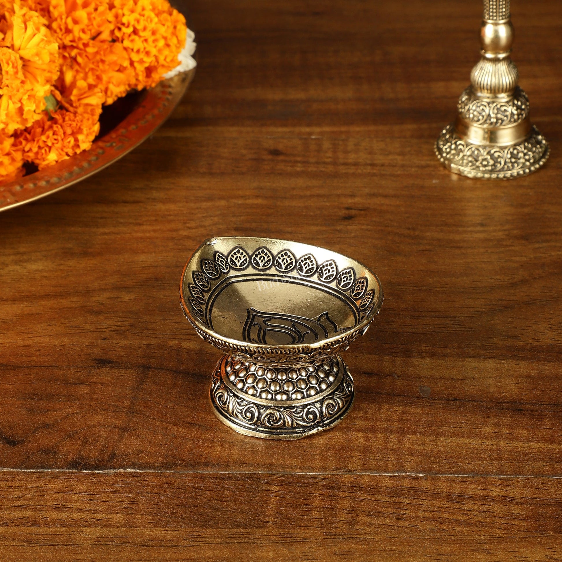 Intricate Small Brass Diya Oil Lamp - 2.5 Inch - Budhshiv.com