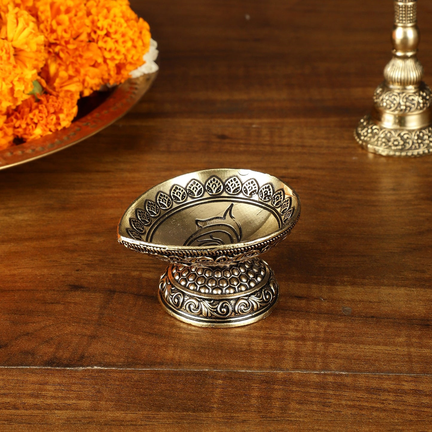 Intricate Small Brass Diya Oil Lamp - 2.5 Inch - Budhshiv.com