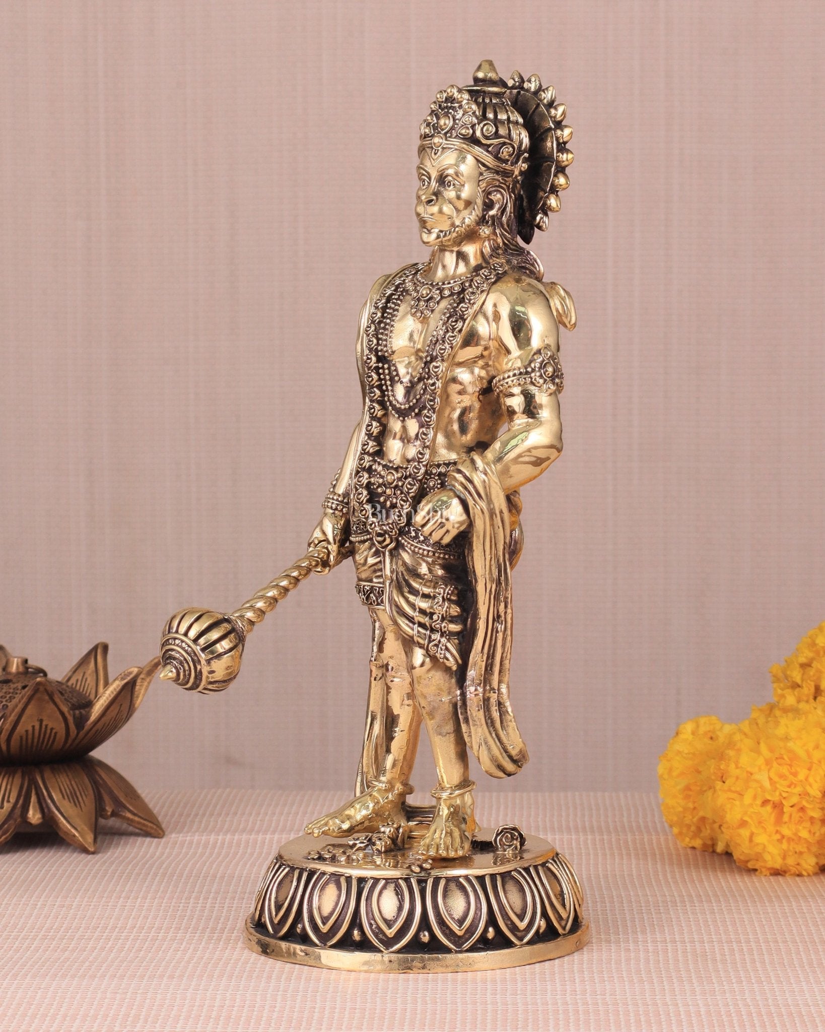 Intricate Standing Hanuman Ji Brass Sculpture - 10.5" - Budhshiv.com
