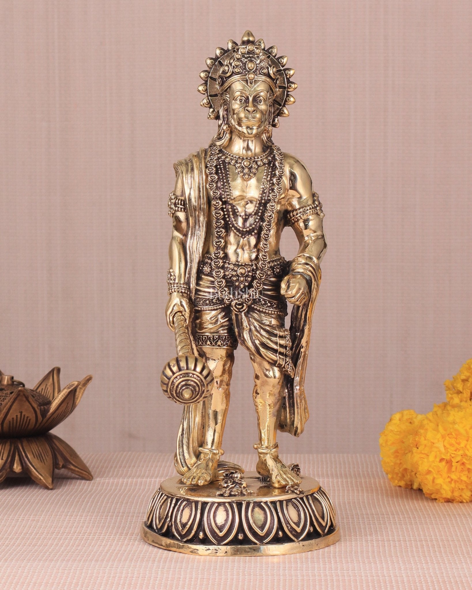 Intricate Standing Hanuman Ji Brass Sculpture - 10.5" - Budhshiv.com