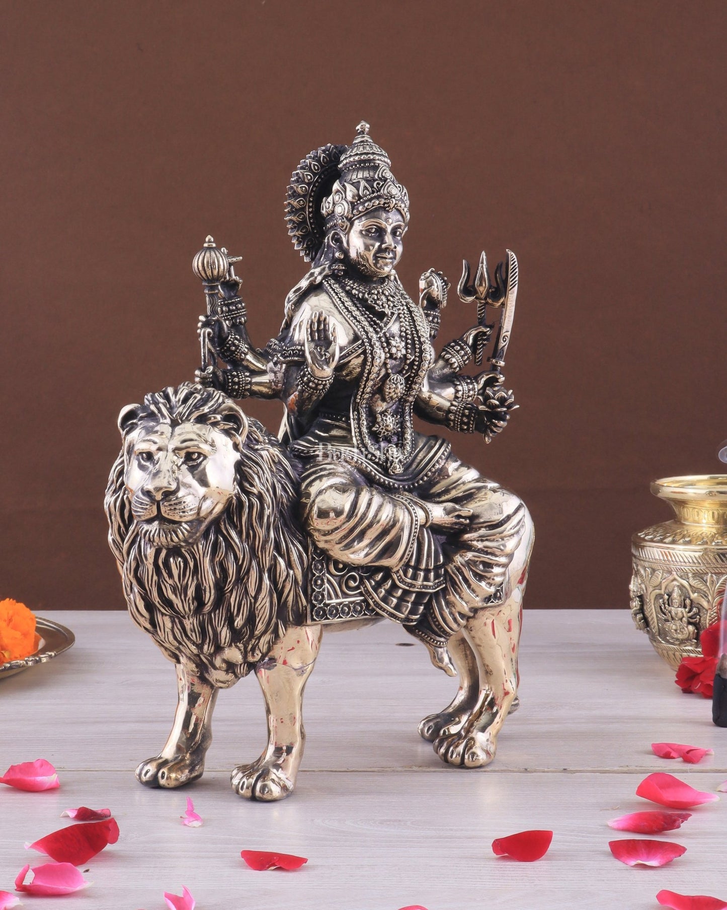 Intricate Superfine Brass Goddess Durga Sherawali Mata Idol 12" - Budhshiv.com