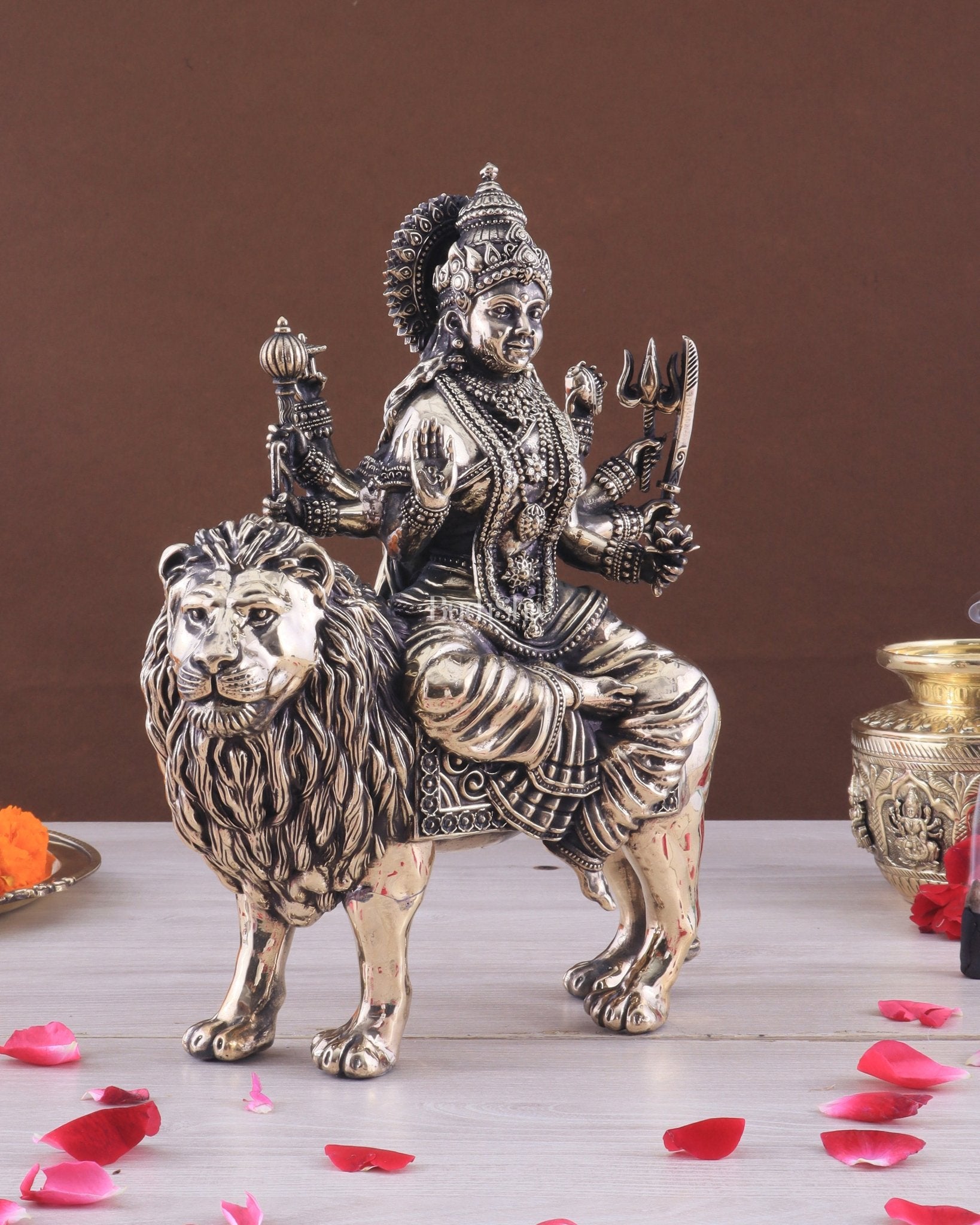 Intricate Superfine Brass Goddess Durga Sherawali Mata Idol 12" - Budhshiv.com