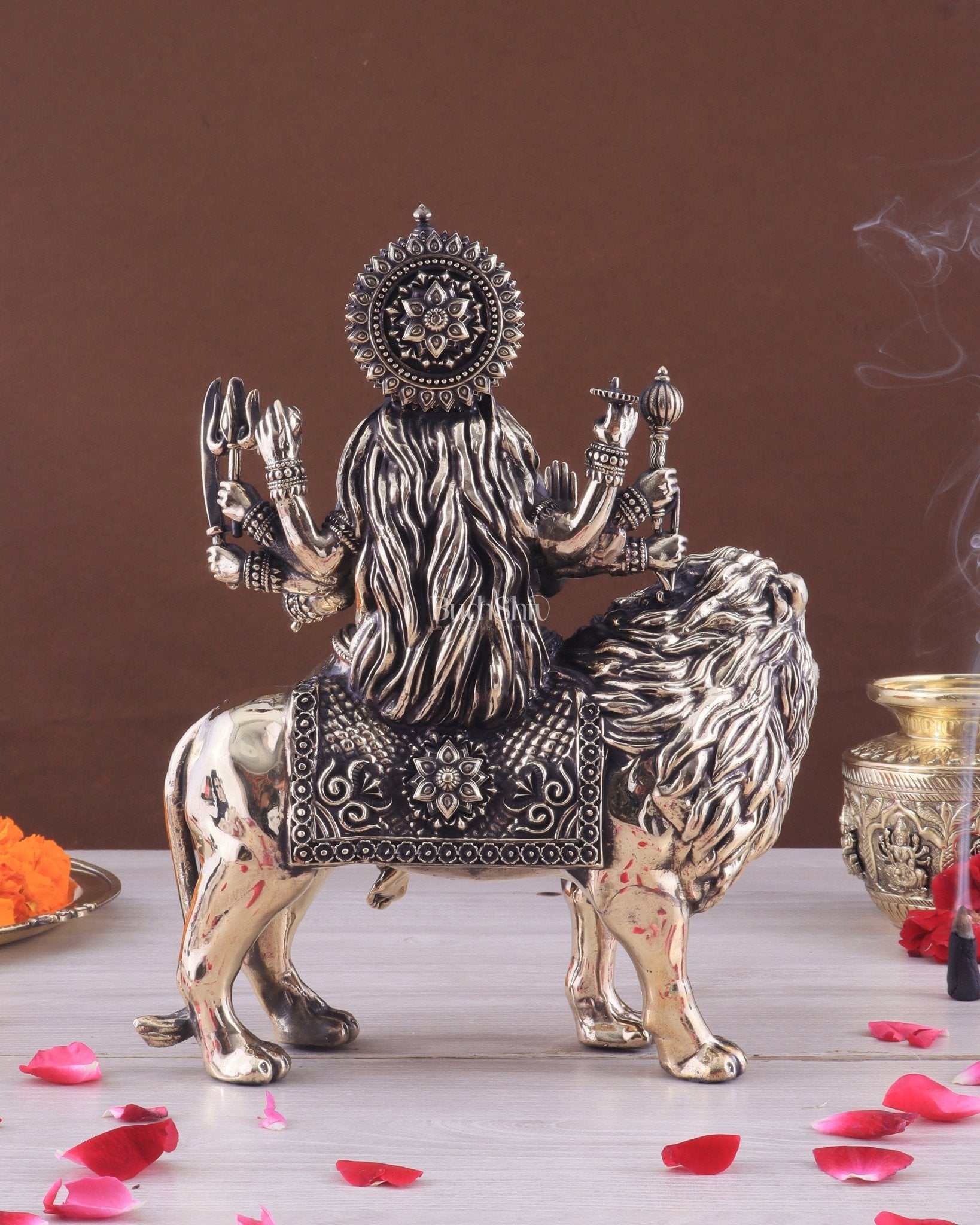 Intricate Superfine Brass Goddess Durga Sherawali Mata Idol 12" - Budhshiv.com