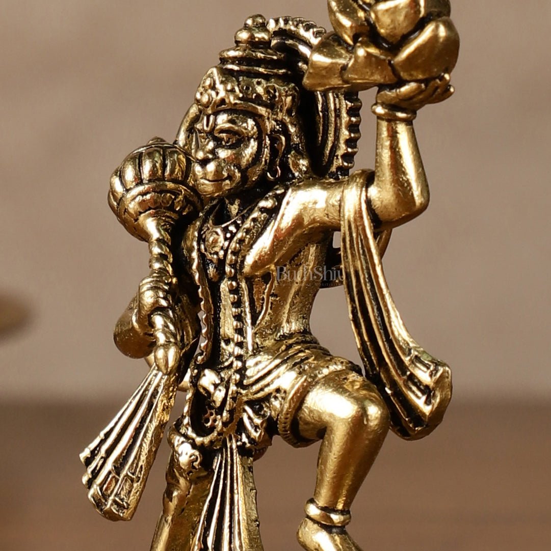 Intricate Superfine Brass Hanuman Idol Holding Sanjeevani – 2.5 Inch (6.35 cm) - Budhshiv.com