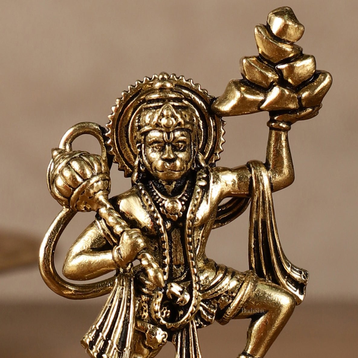 Intricate Superfine Brass Hanuman Idol Holding Sanjeevani – 2.5 Inch (6.35 cm) - Budhshiv.com