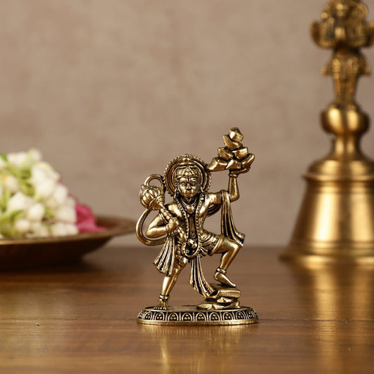 Intricate Superfine Brass Hanuman Idol Holding Sanjeevani – 2.5 Inch (6.35 cm) - Budhshiv.com