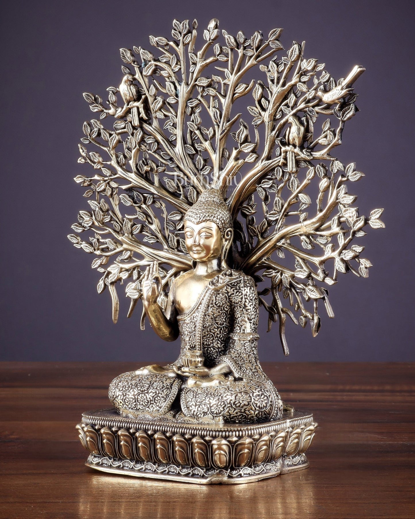 Intricate Superfine Brass Lord Buddha with Bodhi Tree Idol 6.5" - Budhshiv.com