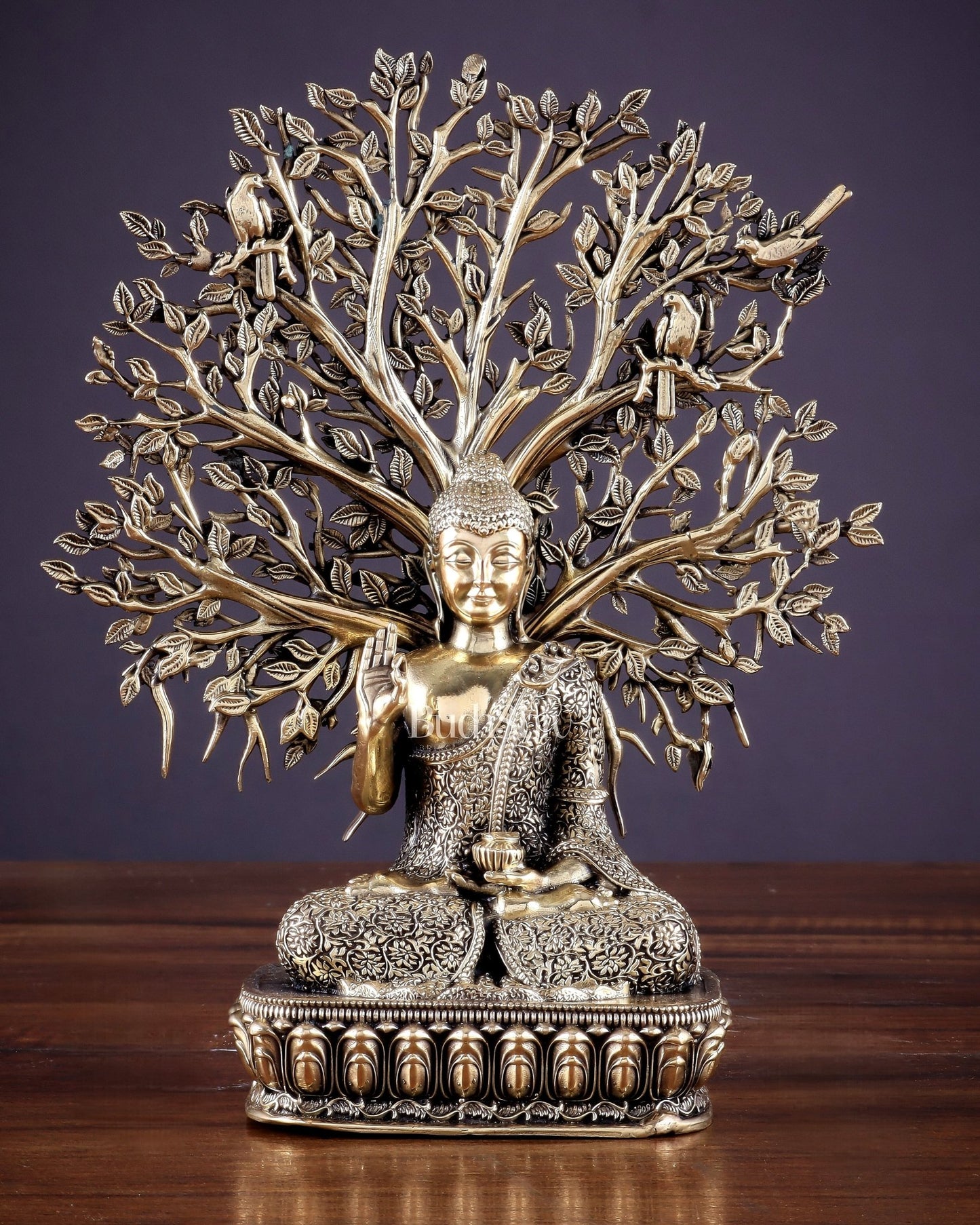 Intricate Superfine Brass Lord Buddha with Bodhi Tree Idol 6.5" - Budhshiv.com