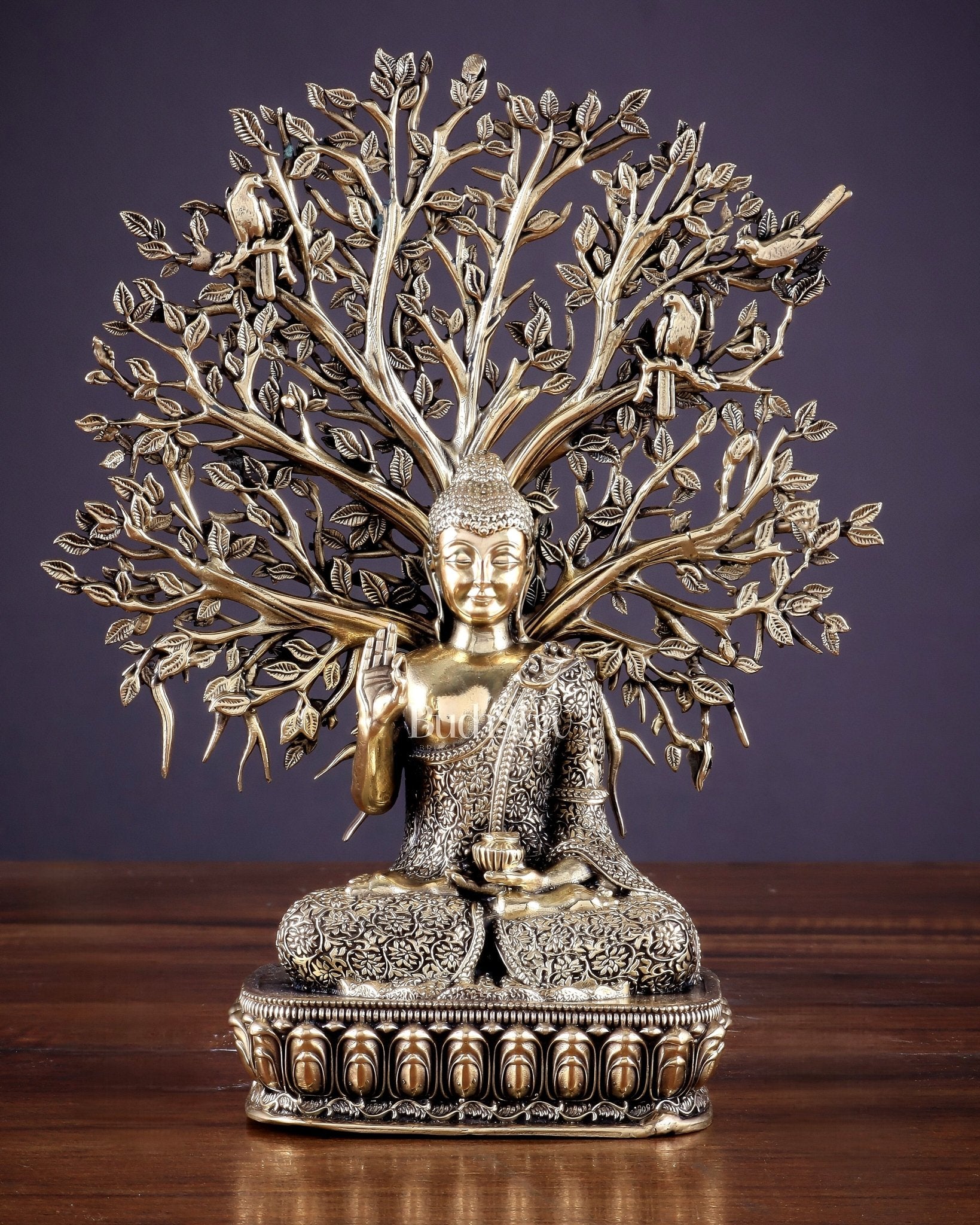 Intricate Superfine Brass Lord Buddha with Bodhi Tree Idol 6.5" - Budhshiv.com