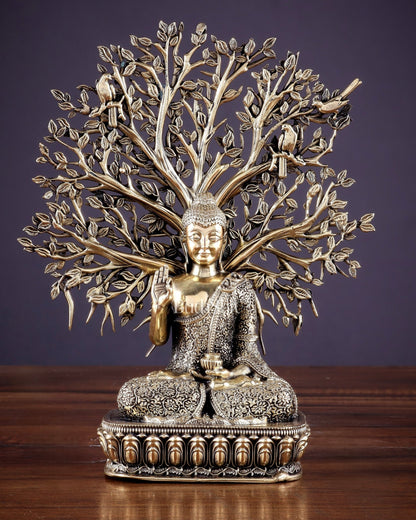 Intricate Superfine Brass Lord Buddha with Bodhi Tree Idol 6.5" - Budhshiv.com