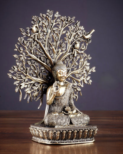 Intricate Superfine Brass Lord Buddha with Bodhi Tree Idol 6.5" - Budhshiv.com