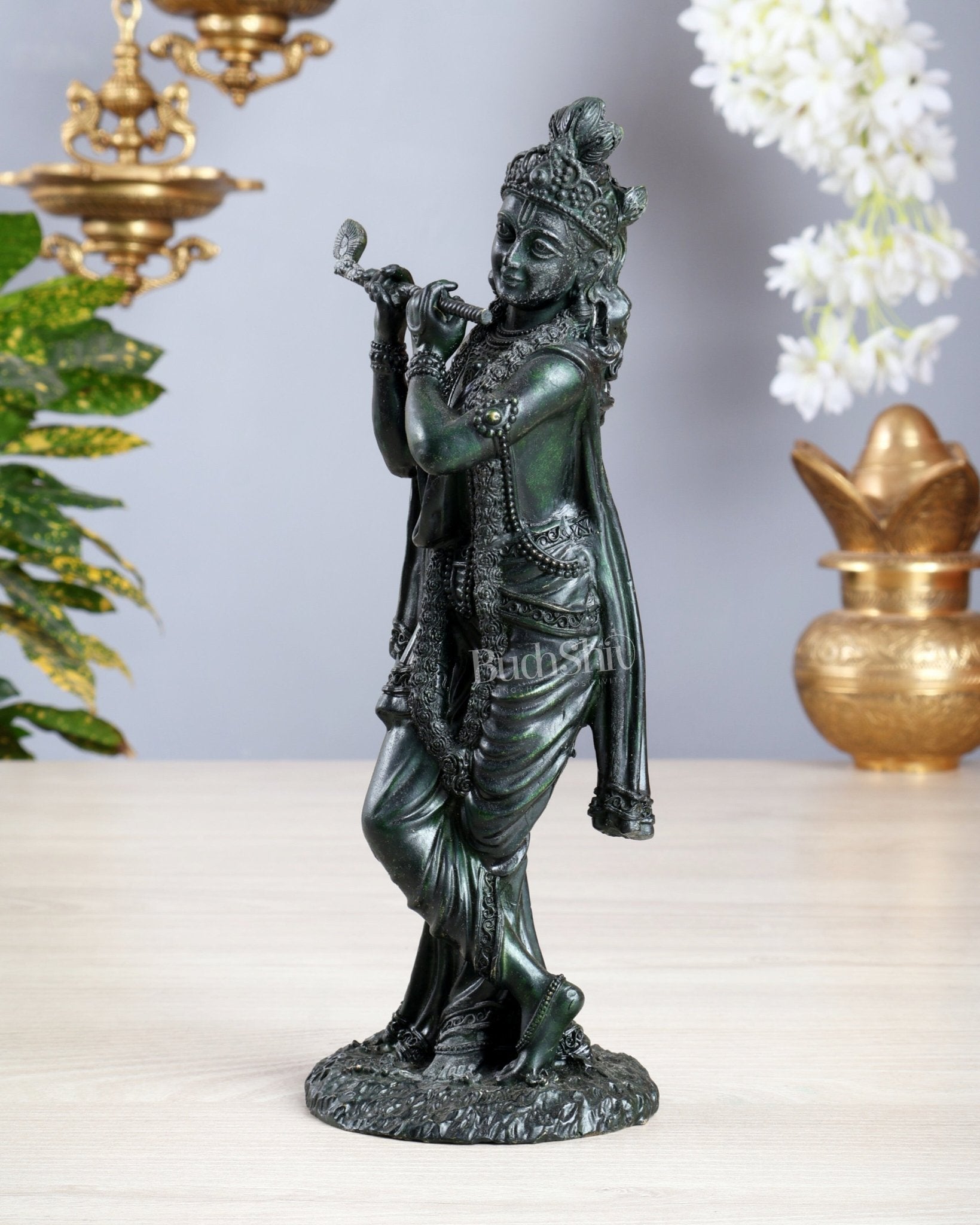 Intricate Superfine brass Lord Krishna in a dull green finish 10 inch - Budhshiv.com