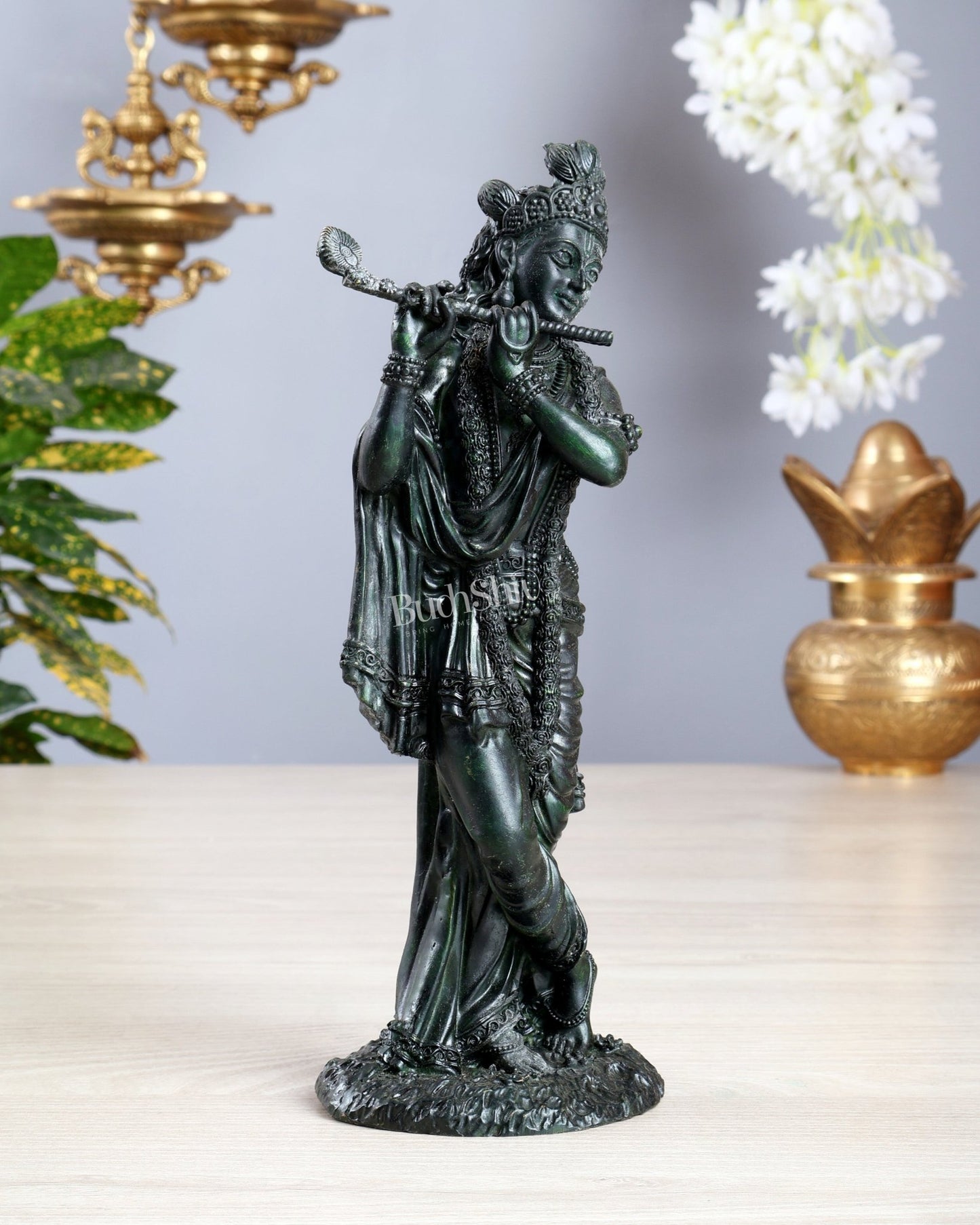 Intricate Superfine brass Lord Krishna in a dull green finish 10 inch - Budhshiv.com