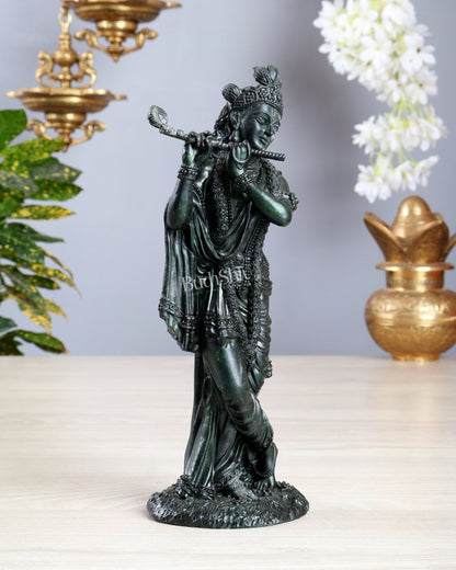 Intricate Superfine brass Lord Krishna in a dull green finish 10 inch - Budhshiv.com