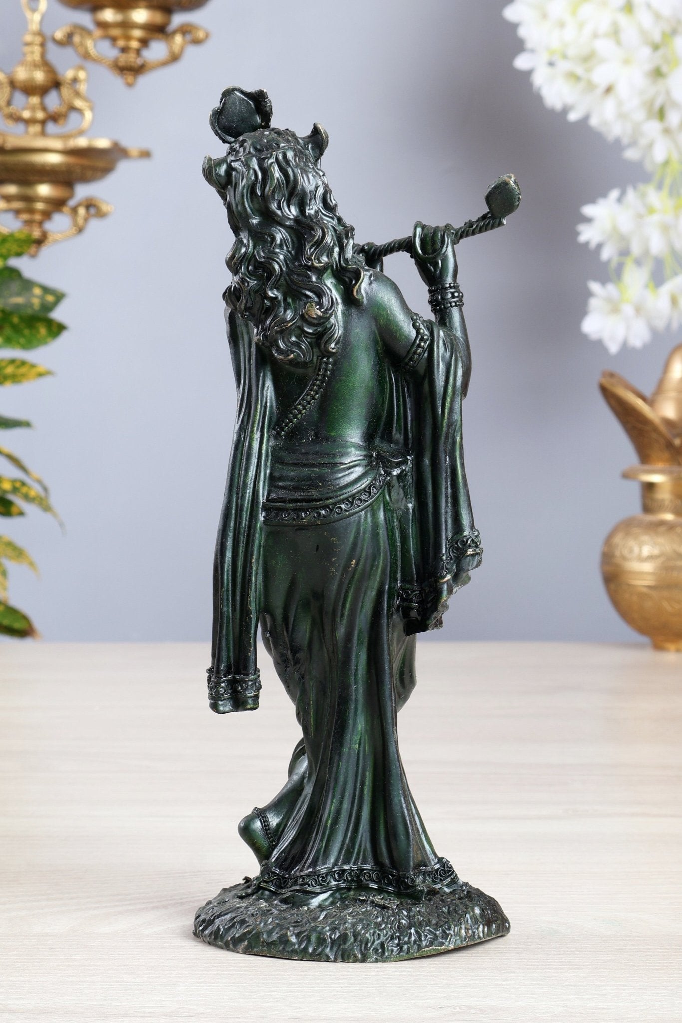 Intricate Superfine brass Lord Krishna in a dull green finish 10 inch - Budhshiv.com