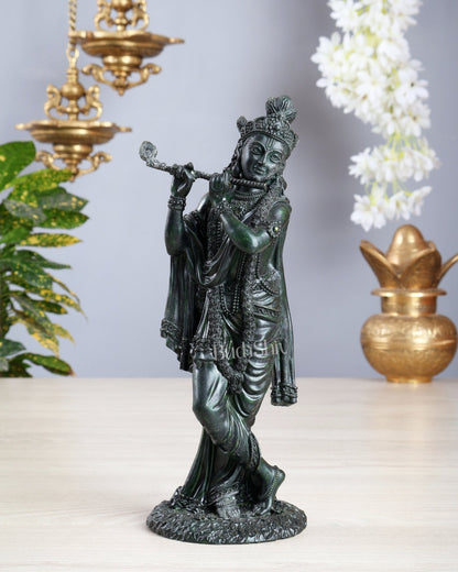 Intricate Superfine brass Lord Krishna in a dull green finish 10 inch - Budhshiv.com