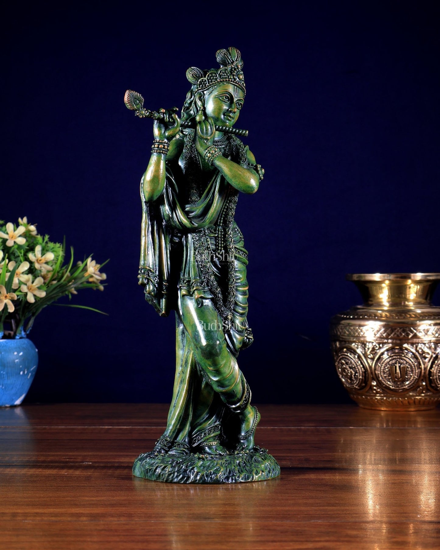Intricate Superfine brass Lord Krishna in a green finish 10 inch - Budhshiv.com