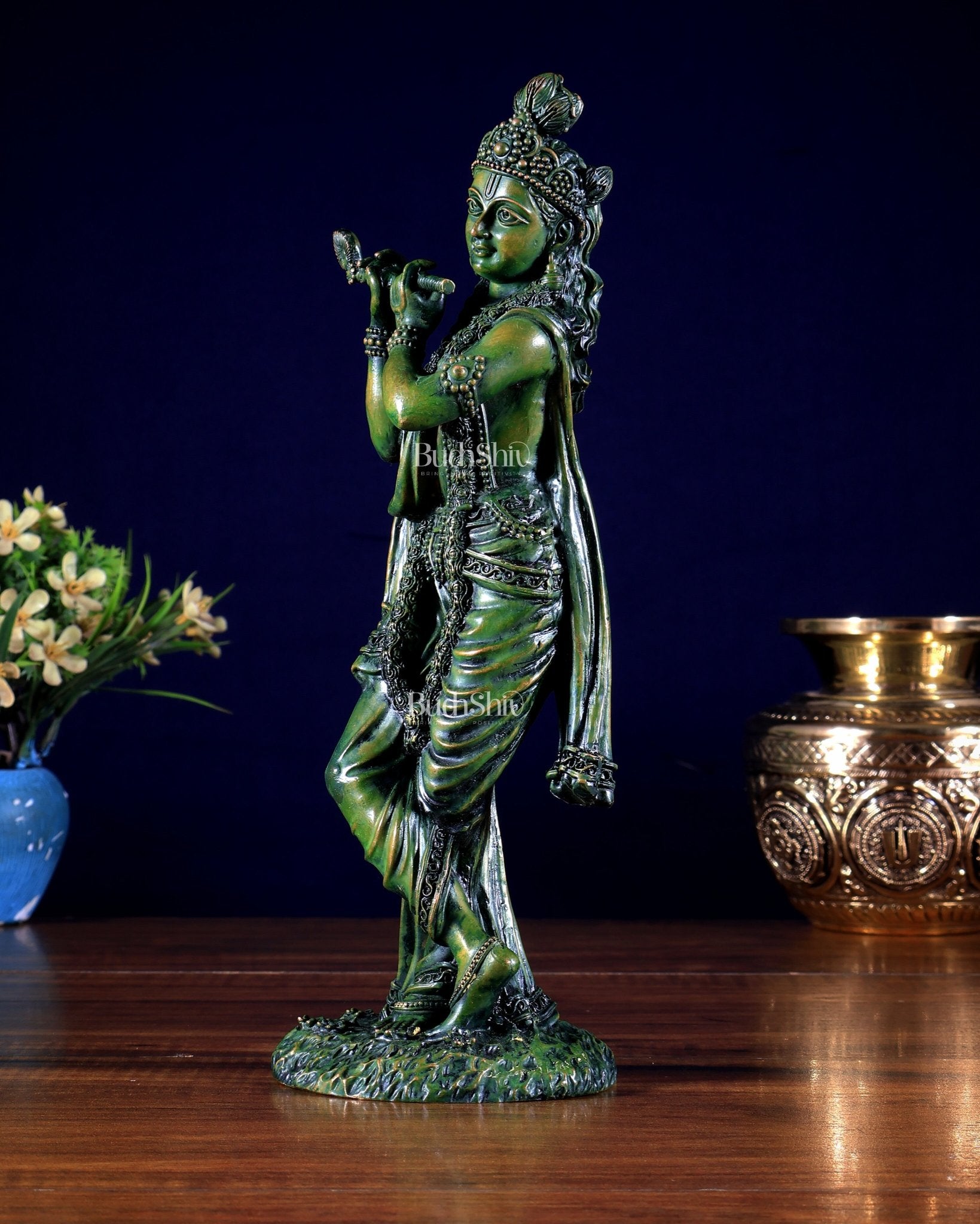 Intricate Superfine brass Lord Krishna in a green finish 10 inch - Budhshiv.com